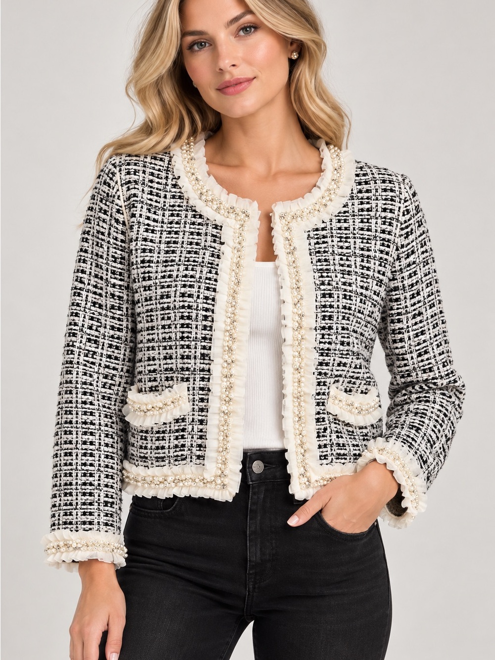 Alice + Olivia Tweed Cardigan Jacket L Pearl Embellished Black White Wool Blend